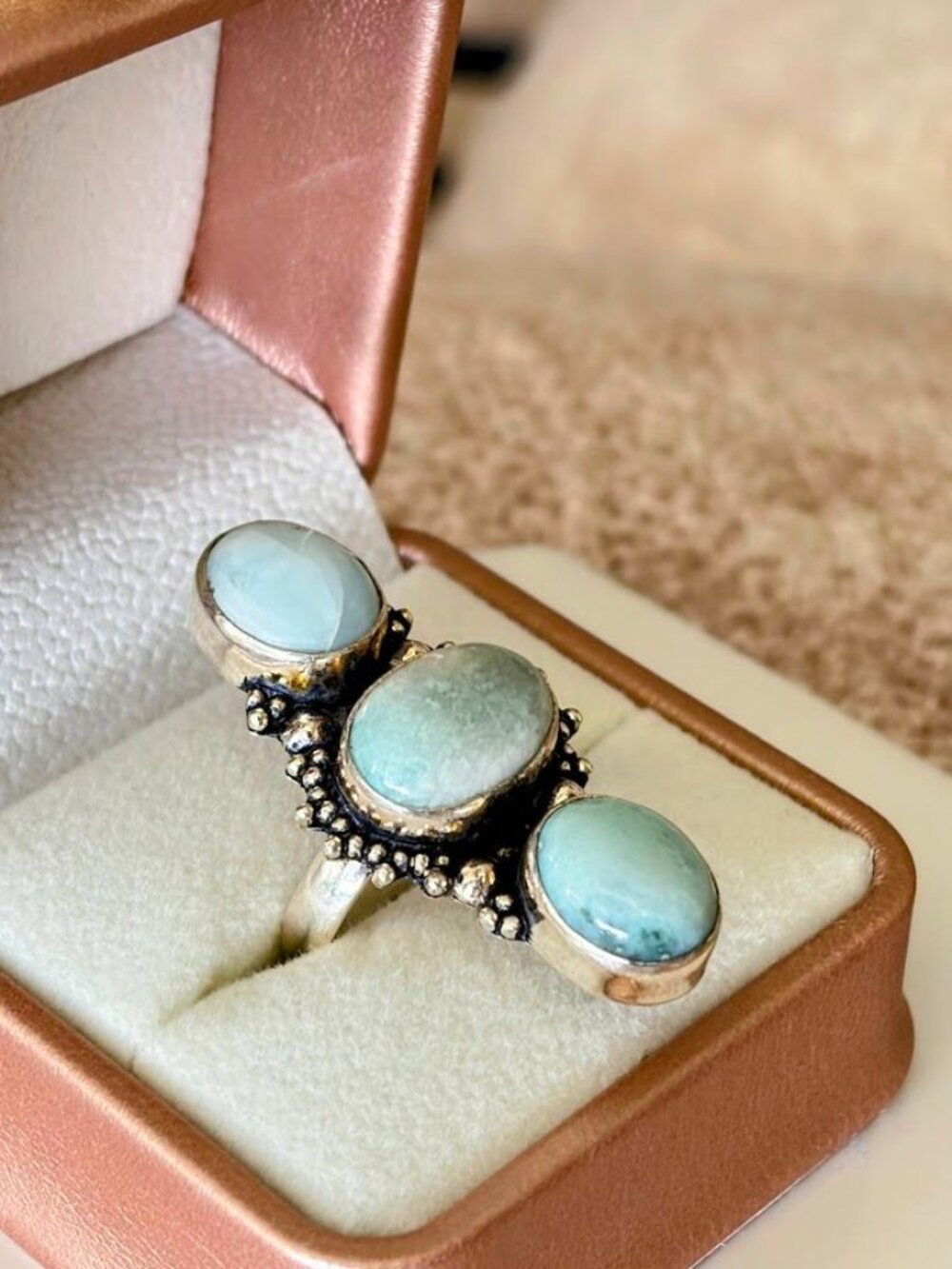 Larimar Three Stone Statement Ring 925 Silver Plated - Size 6.75